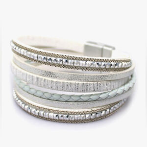 NEW White Boho Leather Wrap Layered Bracelet Magnetic Clasp Stackable